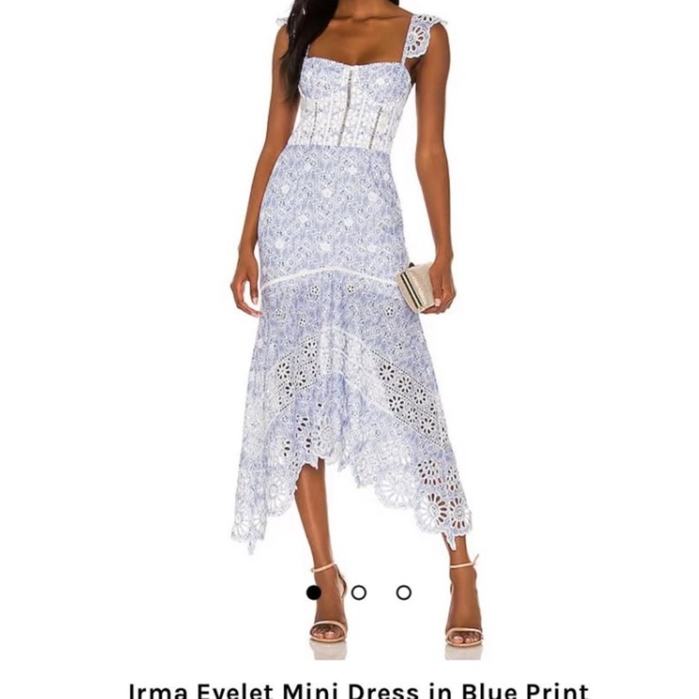 REVOLVE Blue and White Irma eyelet mini dress in blue print (runs small)